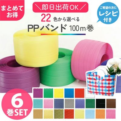 色が選べる PPバンド 6巻セット 15mmx100m大巻　かごバッグ 手芸用テープ 信越工業 プラバッグ 日本製 クラフト手芸