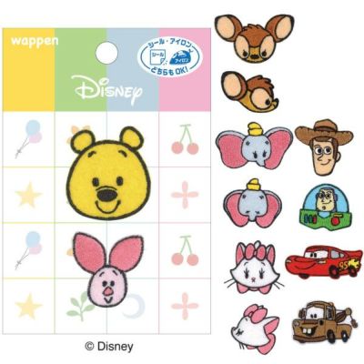 ワッペン アップリケ ディズニー  くまのプーさん プー バンビ ダンボ おしゃれキャット トイストーリー カーズ 各1枚入り シール ・ アイロン 接着 両用  入園入学 パイオニア