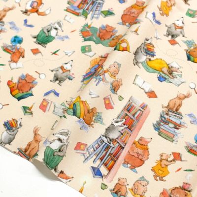 アクファクトゥム acufactum 動物たちと図書館 プリント生地 約150cm幅 (最低単位30cm~10cm単位の切り売り)