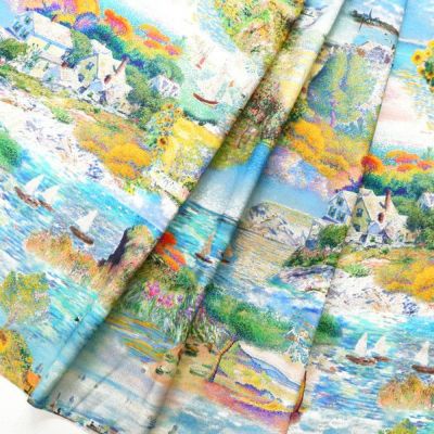 生地 輸入生地 絵画 海岸とヨット オックス生地 デジタルプリント オランダ輸入 巾約140cm (最低単位30cm～10cm単位の切り売り)