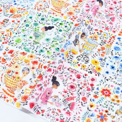 生地 輸入生地 プリント生地 ホワイト地 女の子たちのティータイム Free Sprit フリースピリット 巾約110cm (最低単位30cm～10cm単位の切り売り)