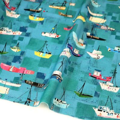 生地 輸入生地 プリント生地 USAプリント エメラルドグリーン 昼の海の航海 ROBERTKAUFMAN ロバートカフマン 巾約110cm (最低単位30cm~10cm単位の切り売り)