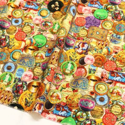 生地 輸入生地 プリント生地 USAプリント 金貨 豪華 派手 缶バッジ柄 ROBERTKAUFMAN ロバートカフマン 巾約110cm  (最低単位30cm～10cm単位の切り売り )